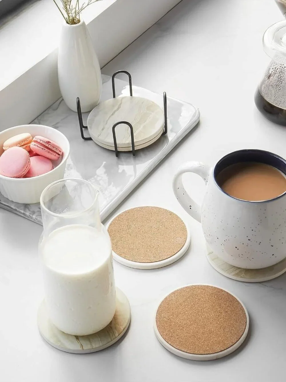 Coasters Set of 6, Coasters for Drinks Absorbent Stone with Holder, Black Marble